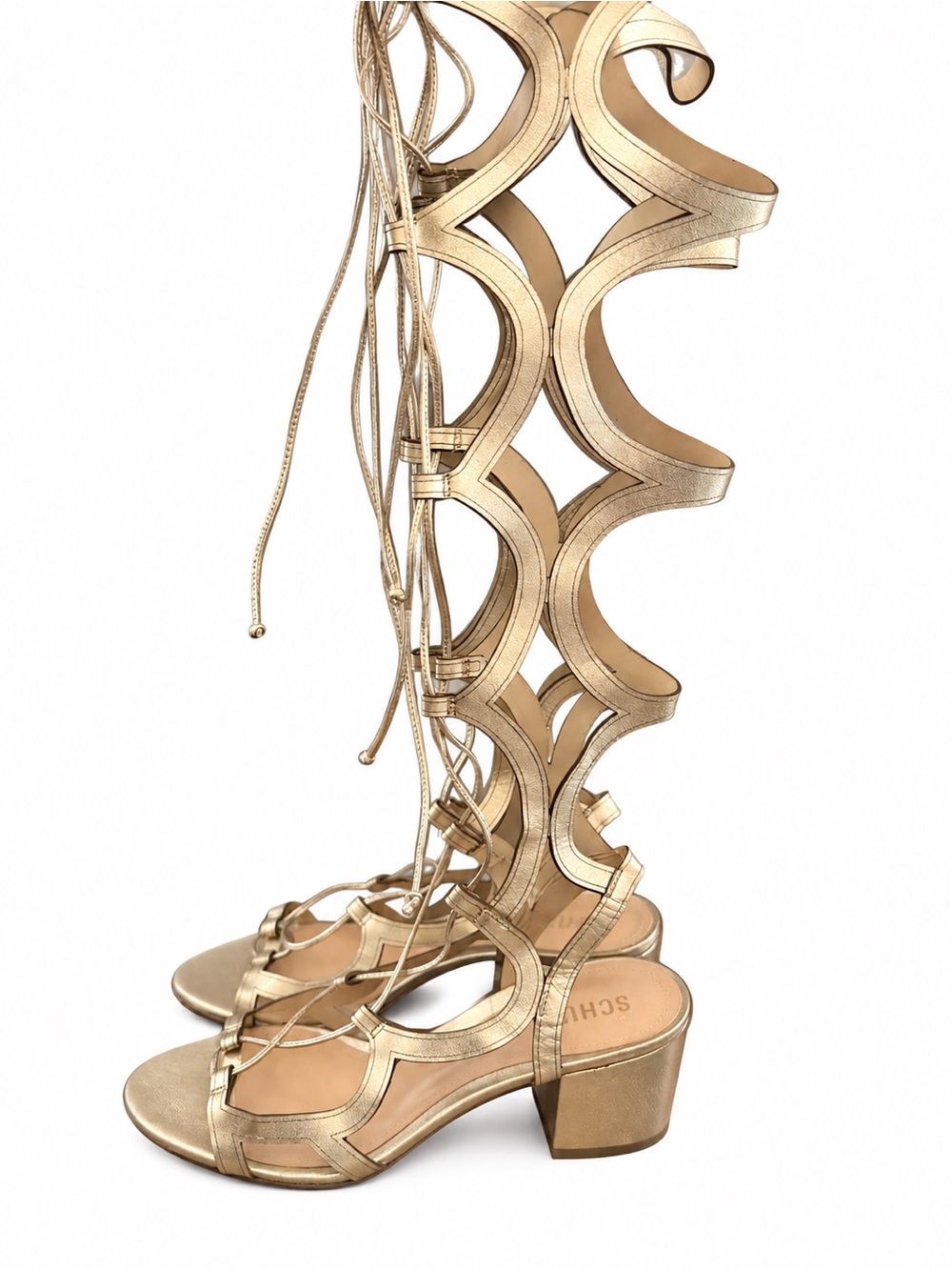 Schutz Perlie Gold Leather Knee High Tie Up heels Gladiator sandals boots 8
